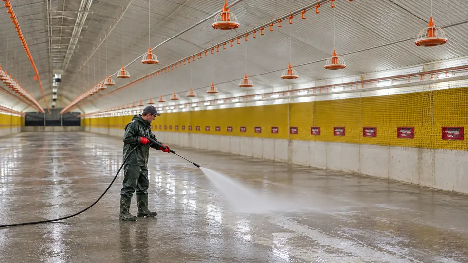 Gereinigter Masthähnchenstall nach professioneller Stallreinigung durch RIA Geflügel Service